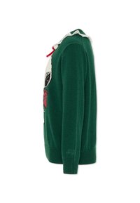 Maglione verde a maglia con orlo a coste. Presenta un design di teschio bianco e nero sulla parte frontale, dettagli accentuati in rosso e un colletto.