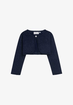 Marineblauer, kurzer Cardigan aus strukturiertem Stoff, mit langen Ärmeln, runden Ausschnitt und dekorativem Knopfverschluss.