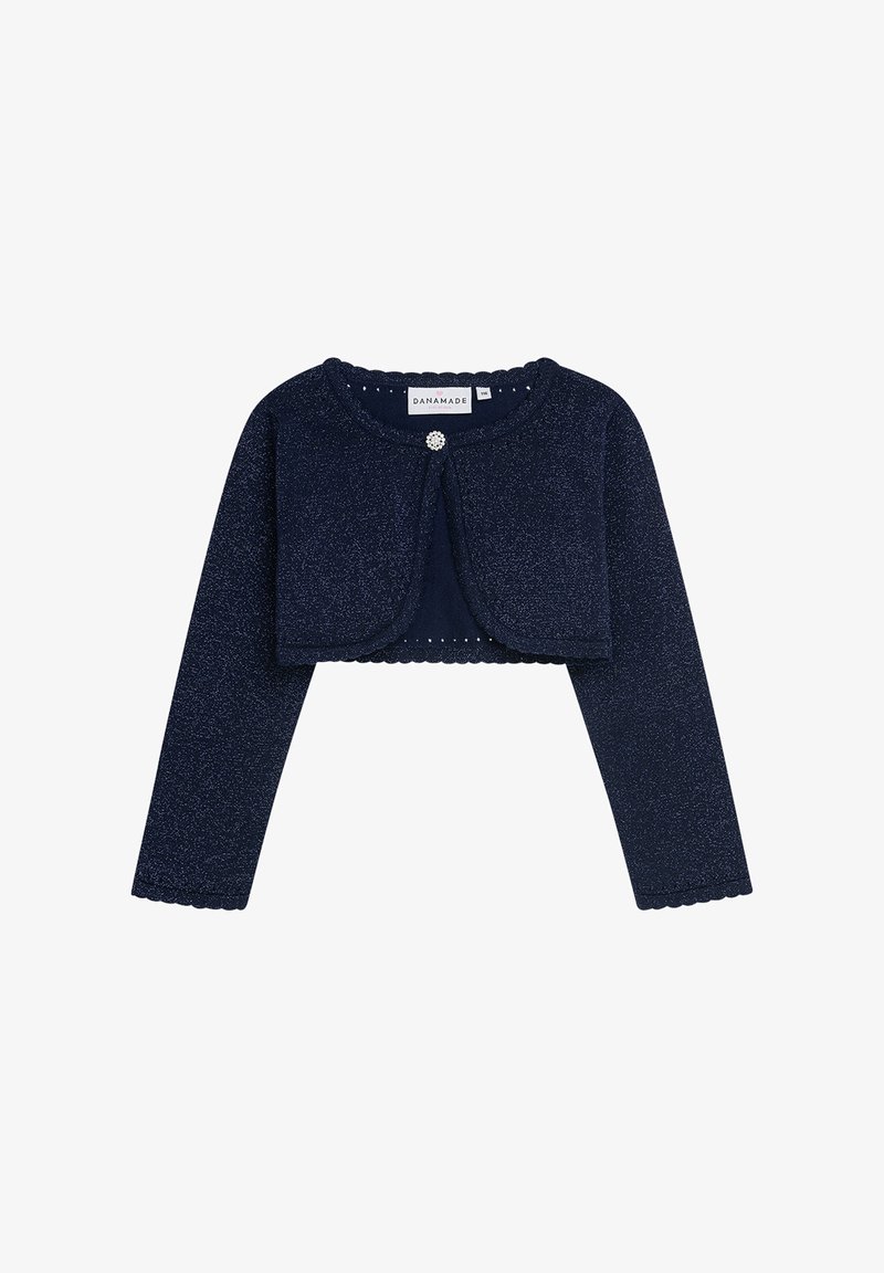 Marineblauer, kurzer Cardigan aus strukturiertem Stoff, mit langen Ärmeln, runden Ausschnitt und dekorativem Knopfverschluss.