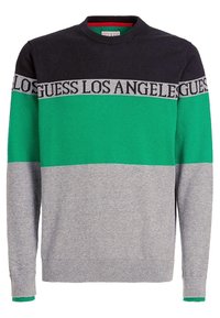 Maglione girocollo con strisce orizzontali blu navy, verdi e grigie. Presenta il logo "Guess Los Angeles" in nero sul petto. Tessuto morbido.