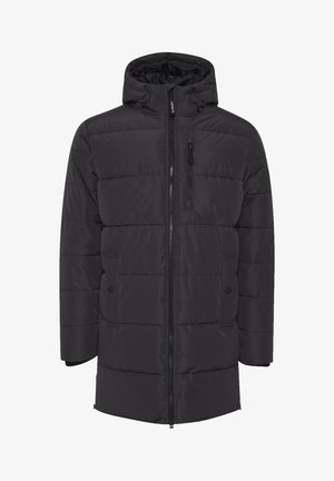 Must have padded jacket mustaga, millel on kapuuts, lukuga suletav ja kaks esikoti taskut, millel on kätkete disain ning sile ja läikiv tekstuur.