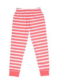 Striped pajama pants in coral and white, made from soft fabric. Features elastic waistband and cuffed ankles.