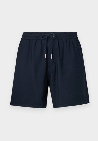 Shorts bleu marine en tissu léger, dotés d'une taille élastique avec cordon de serrage et embouts métalliques argentés, ainsi que poches latérales.