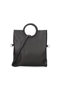 Borsa a tote in pelle nera con superficie texturizzata e manico circolare. Presenta una tracolla regolabile e un design minimalista.