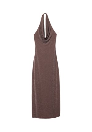 Abito marrone senza maniche con scollo a cowl, caratterizzato da una texture scintillante e una silhouette aderente. Tessuto morbido; design alla lunghezza del ginocchio.