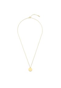 Collier doré avec une chaîne fine et un pendentif circulaire lisse, présentant un design minimaliste et une longueur ajustable.