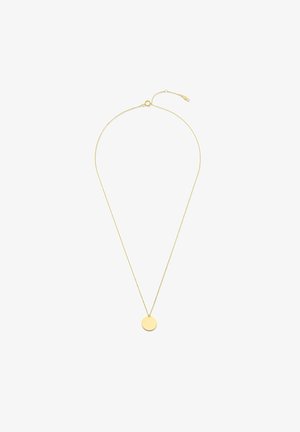 Collier doré avec une chaîne fine et un pendentif circulaire lisse, présentant un design minimaliste et une longueur ajustable.