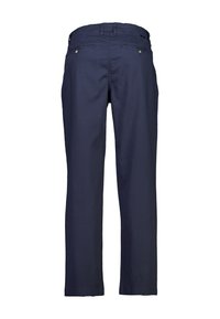 Granatowe spodnie o prostych nogawkach, wykonane z bawełny. Posiadają dwie tylne kieszenie z metalowymi detalami oraz szlufki na pasek w pasie.