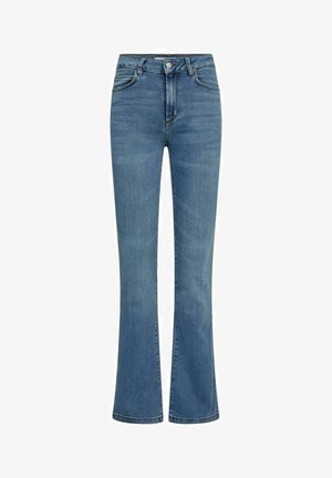 Gaiši zili flared džinsi. Augsta jostasvieta ar gludu apdari, piecas kabatas un smalki izšuvumi.