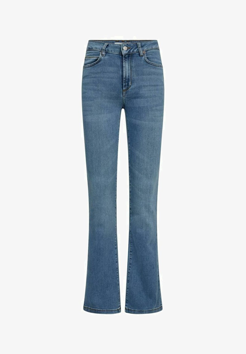 Džínové rozšířené kalhoty ve světle modré. Vysoký pas s hladkým povrchem, pět kapes a jemné švy.