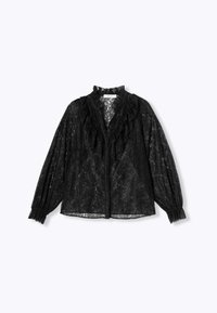 Blouse en dentelle noire avec un col froncé, des manches longues ballon avec des poignets élastiques, et une silhouette fluide.