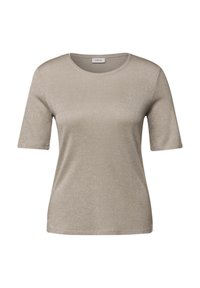 T-paita lyhyillä hihoilla, pyöreällä kaula-aukolla, metallinhohtoisessa beige-kankaassa, jossa on sileä pinta ja vartalonmyötäinen siluetti hienovaraisella kiillolla.