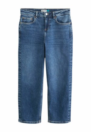 Vidutinio mėlynumo tiesaus kirpimo džinsai su penkiomis kišenėmis, sagos užsegimu ir subtiliais išblukusiais elementais.