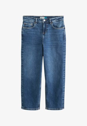 Vidutinio mėlynumo tiesaus kirpimo džinsai su penkiomis kišenėmis, sagos užsegimu ir subtiliais išblukusiais elementais.