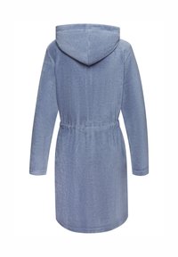 Blue terry bathrobe with a hood, tie waist, long sleeves, and a knee-length design. Features a soft texture and simple stitching details.