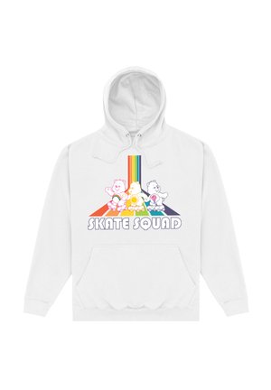 Biała bluza z kapturem z napisem "SKATE SQUAD" i trzema zarysowanymi niedźwiedziami na rolkach. Tło w kolorze tęczy dodaje kolorowego kontrastu.