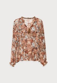 Blusa con estampado floral en tonos de naranja, azul y crema; tejido ligero, cuello con volantes, mangas largas y detalle de borlas.