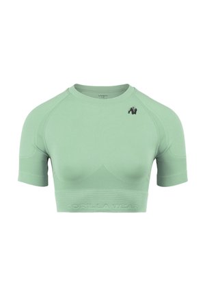 Groene sport crop top met korte mouwen, met ribbelstructuur, een aansluitend ontwerp en een logo op de linkerschouder.