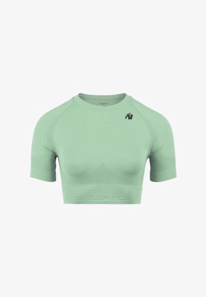Groene sport crop top met korte mouwen, met ribbelstructuur, een aansluitend ontwerp en een logo op de linkerschouder.