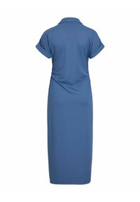 Robe bleue longueur genou avec manches courtes retroussées et col, vue de dos sur fond blanc.