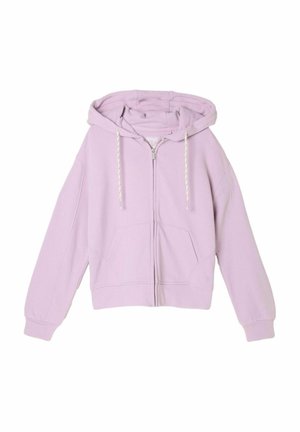 Helelillakas lõpetusega kapuutsiga lukuga dressipluus, ees taskud ja soonikkoes varrukaserved. Sile tekstuur, kärbitud lõige ning minimaalne bränding.