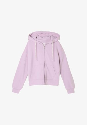 Helelillakas lõpetusega kapuutsiga lukuga dressipluus, ees taskud ja soonikkoes varrukaserved. Sile tekstuur, kärbitud lõige ning minimaalne bränding.