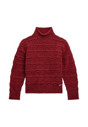 Maglione rosso a maglia con colletto alto, modelli ondulati testurizzati e maniche lunghe. Presenta polsini e orlo a coste; piccolo dettaglio del logo sul davanti.