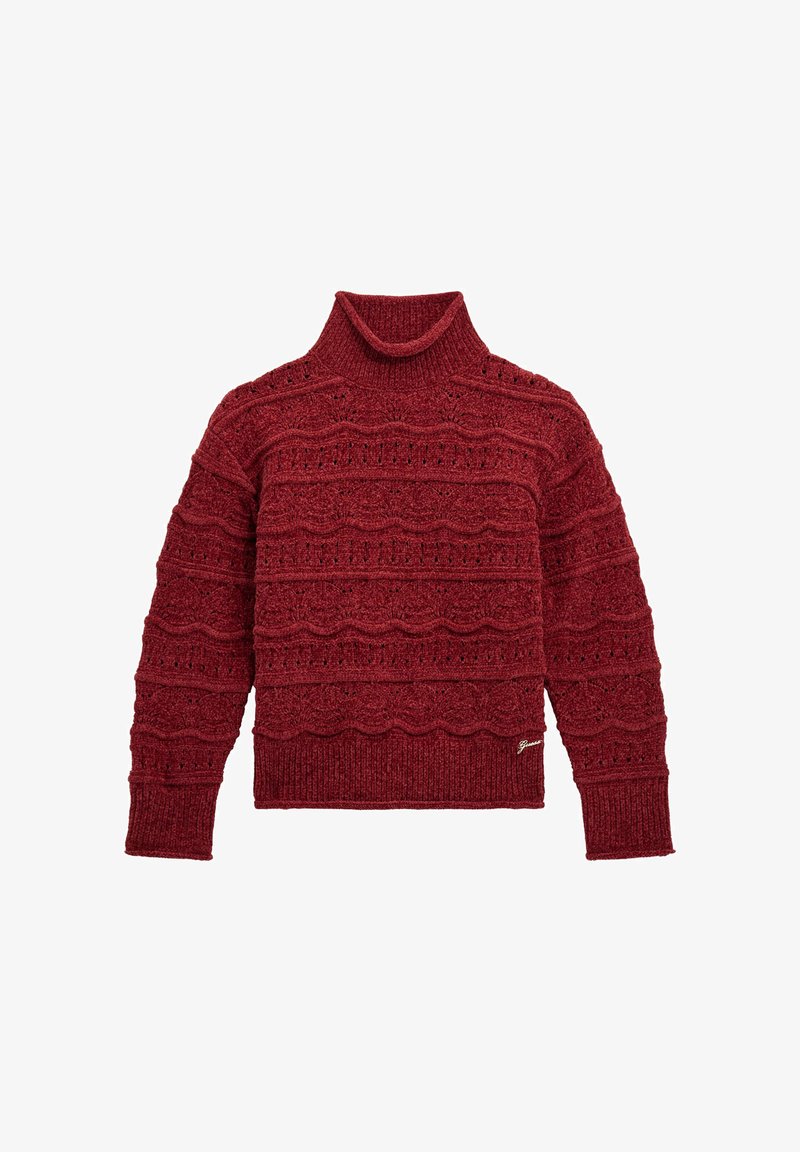 Maglione rosso a maglia con colletto alto, modelli ondulati testurizzati e maniche lunghe. Presenta polsini e orlo a coste; piccolo dettaglio del logo sul davanti.