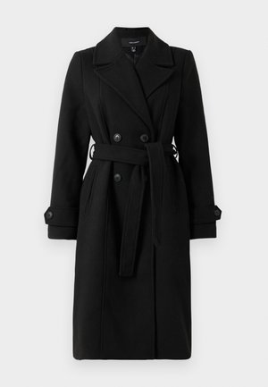 Cappotto nero doppiopetto con cintura, realizzato in tessuto texturizzato, con rever a lancia e polsini con bottoni. Include tasche frontali.