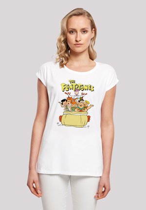 Weißes Baumwoll-T-Shirt mit buntem Cartoon-Graphic von "Die Flintstones". Lockere Passform mit umgeschlagenen Ärmeln und Rundhalsausschnitt.