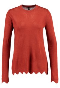 Roter gestrickter Pullover mit langen Ärmeln, Rundhalsausschnitt und gewelltem Saum. Hergestellt aus einem weichen, leichten Material.