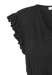 Černé šaty s krátkými volánkovými rukávy. Vyrobené z lehkého materiálu, s mírnou strukturou a hlubokým výstřihem do V.