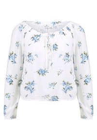 White long-sleeve blouse with a floral print in blue and green. Features a gathered neckline with a drawstring detail. Soft, crinkled texture.