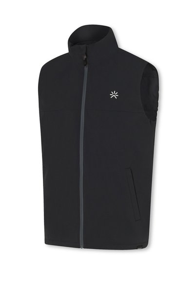 Svart ärmlös jacka med hög krage, fullständig frontdragkedja och sidofickor. Har en liten logotyp på övre vänstra sidan. Slät textur.