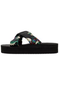 Černé platformové žabky s silnými látkovými popruhy zdobené barevným květinovým vyšíváním.