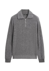 Pull en tricot gris avec demi-zip et col, présentant une texture côtelée et des poignets et un ourlet en côte contrastante.