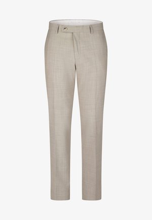 Beige maßgeschneiderte Herrenhose mit Frontknopf, Gürtelschlaufen und unauffälligem strukturierten Muster.