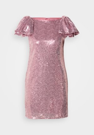Κοντό ροζ φόρεμα καλυμμένο με παγιέτες, με φουσκωτά μανίκια και κρυφό φερμουάρ στο πίσω μέρος. Λείο υφασμάτινο σχέδιο και γυαλιστερή επιφάνεια.