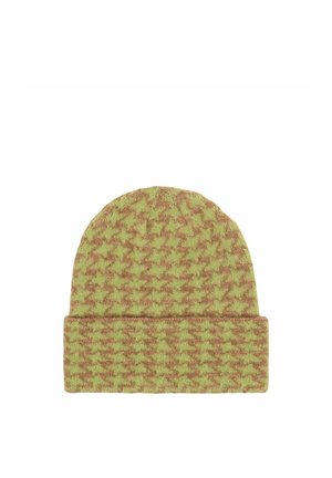 Knit beanie hat with green and brown houndstooth pattern and folded cuff on plain white background.