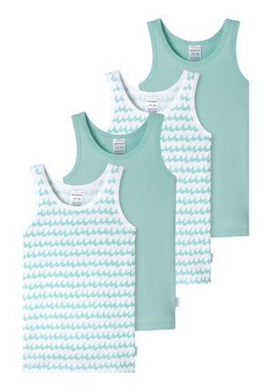 Cztery dziecięce bezrękawniki, na przemian w jednolitym miętowym zielonym kolorze oraz białe z miętowymi falistymi wzorami, ułożone warstwowo w przesuniętym układzie.
