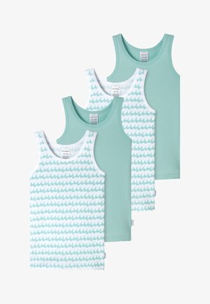 Quatre débardeurs sans manches pour enfants, alternant entre uni vert menthe et blanc avec des motifs de vagues menthe, superposés de manière décalée.