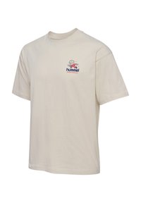 Kremfarget bomull T-skjorte med rund hals. Har et lite, fargerikt grafikk av en volleyballspiller og "hummel sportswear" logo.