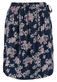 Hame in floral print sin navy kangas, jossa on elastinen vyötärö ja nyöri. Suunnittelussa on tummalla taustalla hajallaan olevia vaaleanpunaisia kukkia.