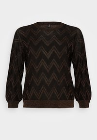 Pull noir avec un motif en chevrons en bronze métallique. Comprend des manches longues bouffantes et un col rond. Confectionné dans un tissu léger et texturé.