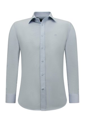 Lichtblauw overhemd met lange mouwen, klassieke kraag, subtiele structuur en een klein geborduurd logo op de borst.