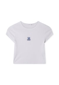 T-shirt di cotone bianco con maniche corte, caratterizzato da un ricamo di un orsetto blu sul davanti. Collo a girocollo, vestibilità rilassata.