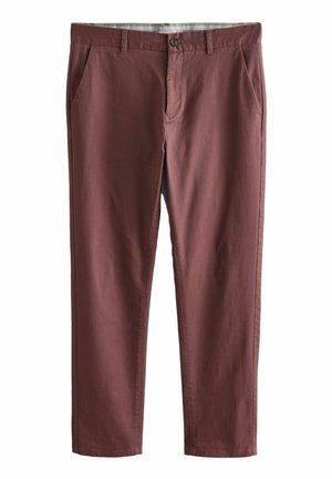 Bordo puuvillased chinos sirge lõikega, millel on ees taskud ja nööbiga sulgur. Sile tekstuur ja mustriteta.