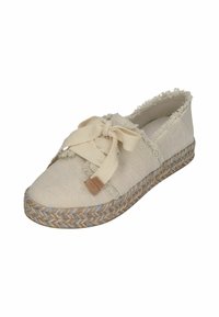 Espadrille in tela beige con bordo sfilacciato, dotata di un grande fiocco in tessuto e suola in juta intrecciata con accenti blu.