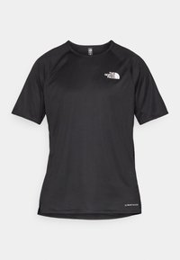 Camisa atlética preta de manga curta com um tecido texturizado, apresentando um logotipo branco no peito esquerdo e uma bainha reta.