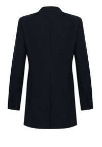 Navy blue tailored blazer with a notched collar and long sleeves. Features buttoned cuffs and a central vent at the back. Smooth texture.